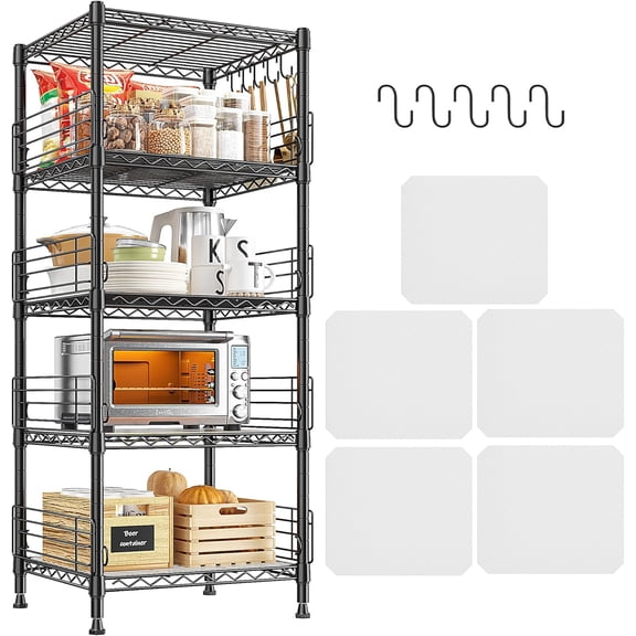 5 Tier Metal Shelving Unit Storage Shelves,Adjustable Pantry Shelves Wire Shelving with Hooks & Shelf Linker,Metal Shelf with Side Blockers for Kitchen,Closet,Office,Laundry,18.1''Wx18.1''Dx59''H