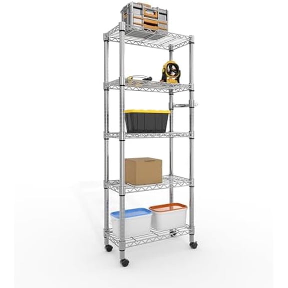 5 Tier Metal Shelving Unit with Wheels,1100 Lbs Heavy Duty Wire Rack Storage Shelves Organizer with Handle and Leveling Feet Adjustable Pantry Shelves for Kitchen Garage Basement