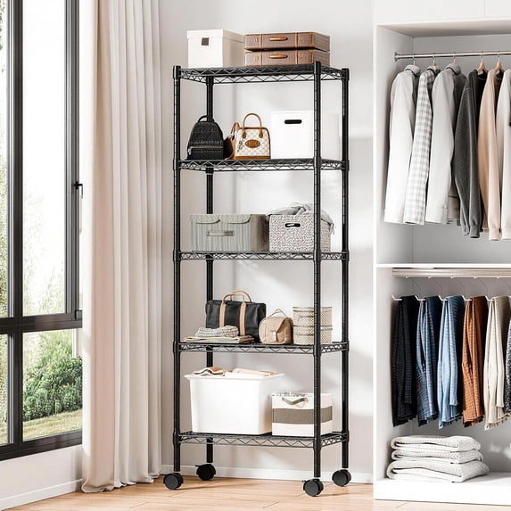 5 Tier Metal Shelving Unit with Wheels Heavy Duty Wire Rack for Kitchen ...