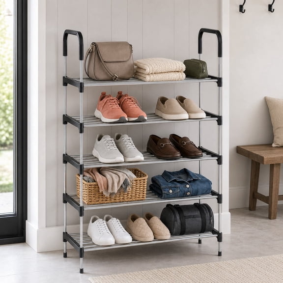 5-Tier Metal Shoe Rack, Freestanding Shoe Organizer Storage Shelf with Side Handles, Space-Saving Shoe Storage Rack for Entryway, Closet, Bedroom, Black