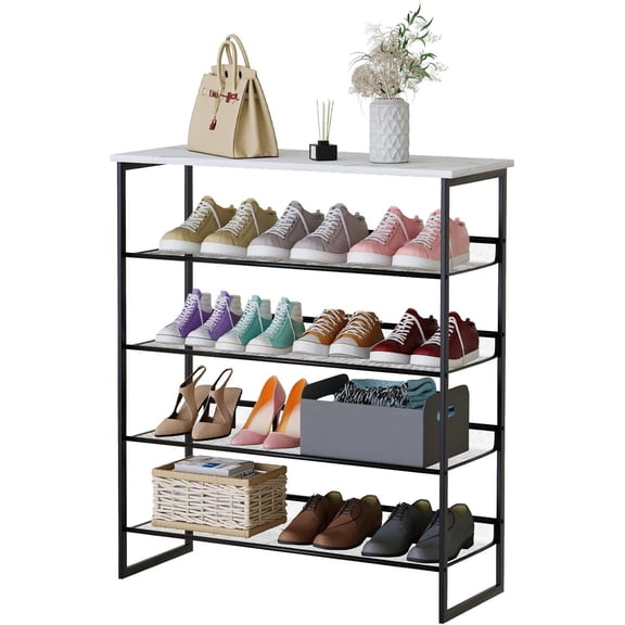 5-Tier Metal Shoe Rack for Entryway, 29"W x 11.8"D x 36.5"H, Adjustable Angled Mesh Shelves, White Marble Tabletop, Space Saving Shoe Organizer