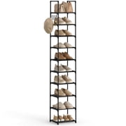 10 Tier Narrow Metal Shoes Rack, Bug Hull Slim Stackable Shoes Shelf with Hooks, Shoe Tower for 10-12 Pairs Shoe and Boots Organizer, Black