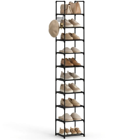 10 Tier Slim Metal Shoes Rack, Bug Hull Narrow Stackable Shoes Shelf with Hooks, Shoe Tower for 10-12 Pairs Shoe and Boots Organizer, Black