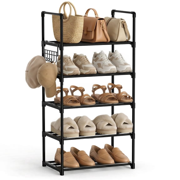 5 Tier Metal Shoes Rack, Bug Hull Narrow Stackable Shoes Shelf with Hooks, Shoe Tower for 10-12 Pairs Shoe and Boots Organizer, Black