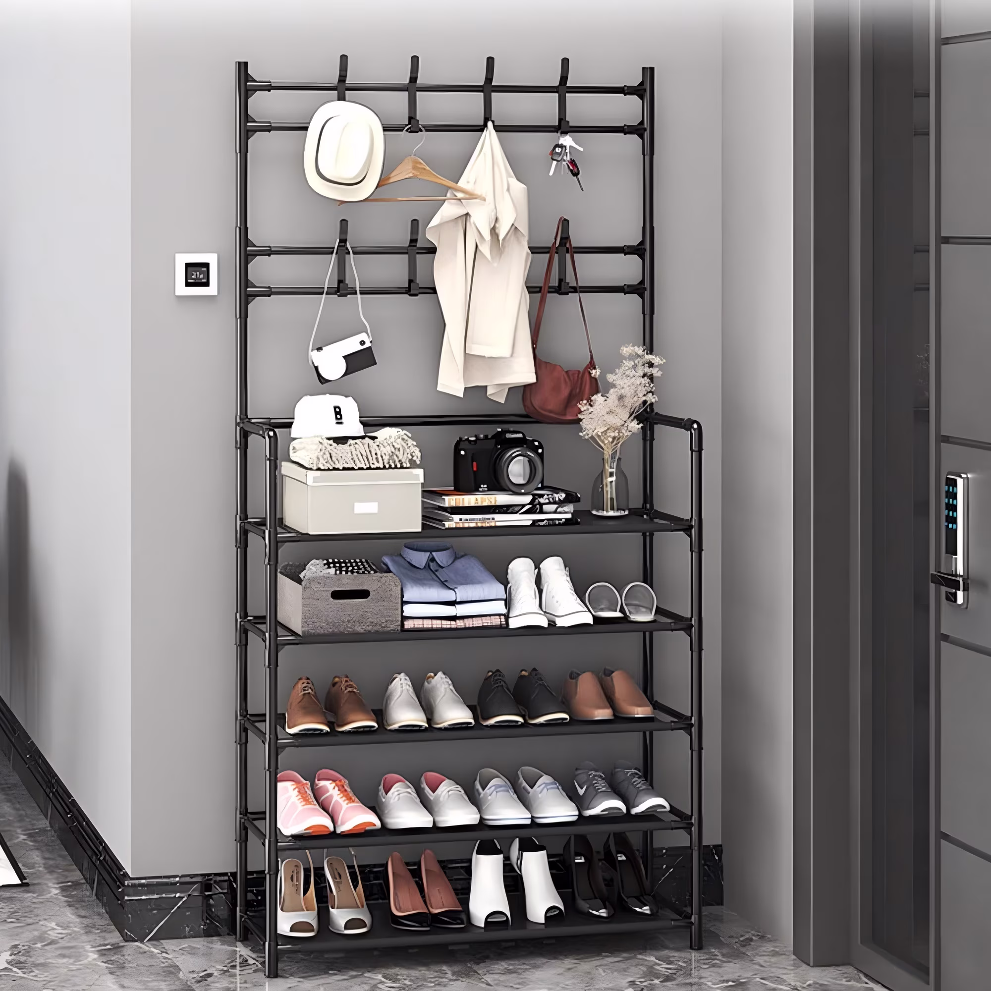 5-Tier Metal Storage Rack With Shoe Rack - Easy To Assemble, Freestanding Coat And Hat Organizer For Bedroom, Living Room, Entryway - Space Saving Design[Black]