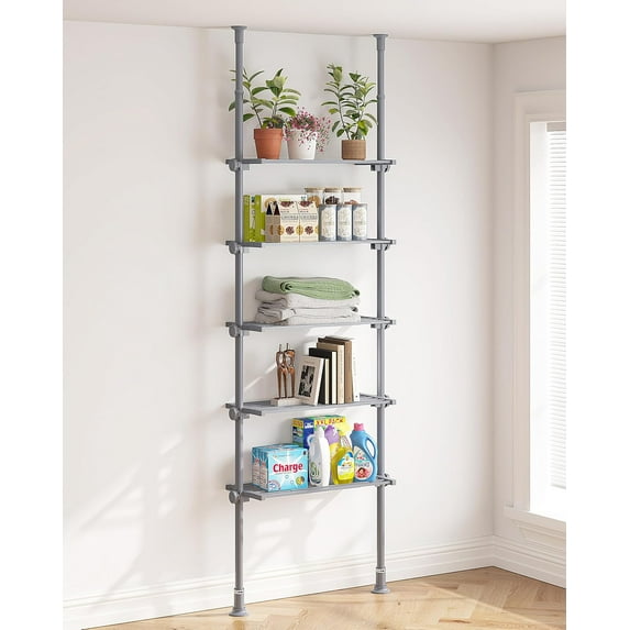 5-Tier Metal Storage Shelves Organizer, Adjustable Width and Height, Shelving Units and Storage with Tension Mount, Versatile for Kitchen Shelves, Closet Shelves, Laundry Room Shelves, Grey