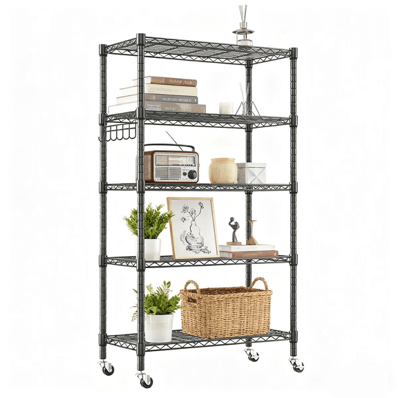 5 Tier Metal Storage Shelves with Wheels, Heavy Duty Wire Shelving Unit, Adjustable Storage Racks with Side Hooks for Bathroom Kitchen Garage Pantry Organization, Black