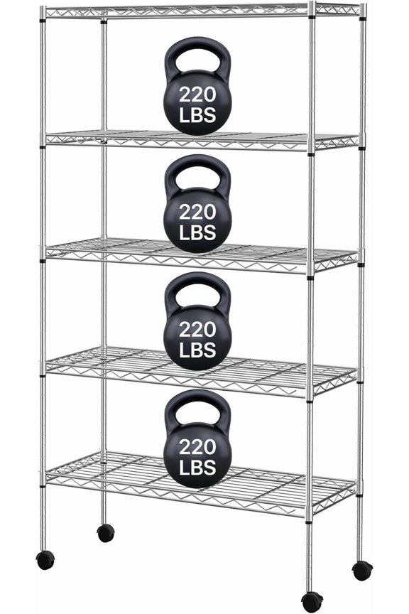 5-Tier Metal Storage Shelving Unit with Wheels, 60" H x 30" W x 14" D Adjustable Wire Shelf Garage Shelves, Heavy Duty Utility Rack for Pantry Kitchen Laundry, 1250lbs Capacity