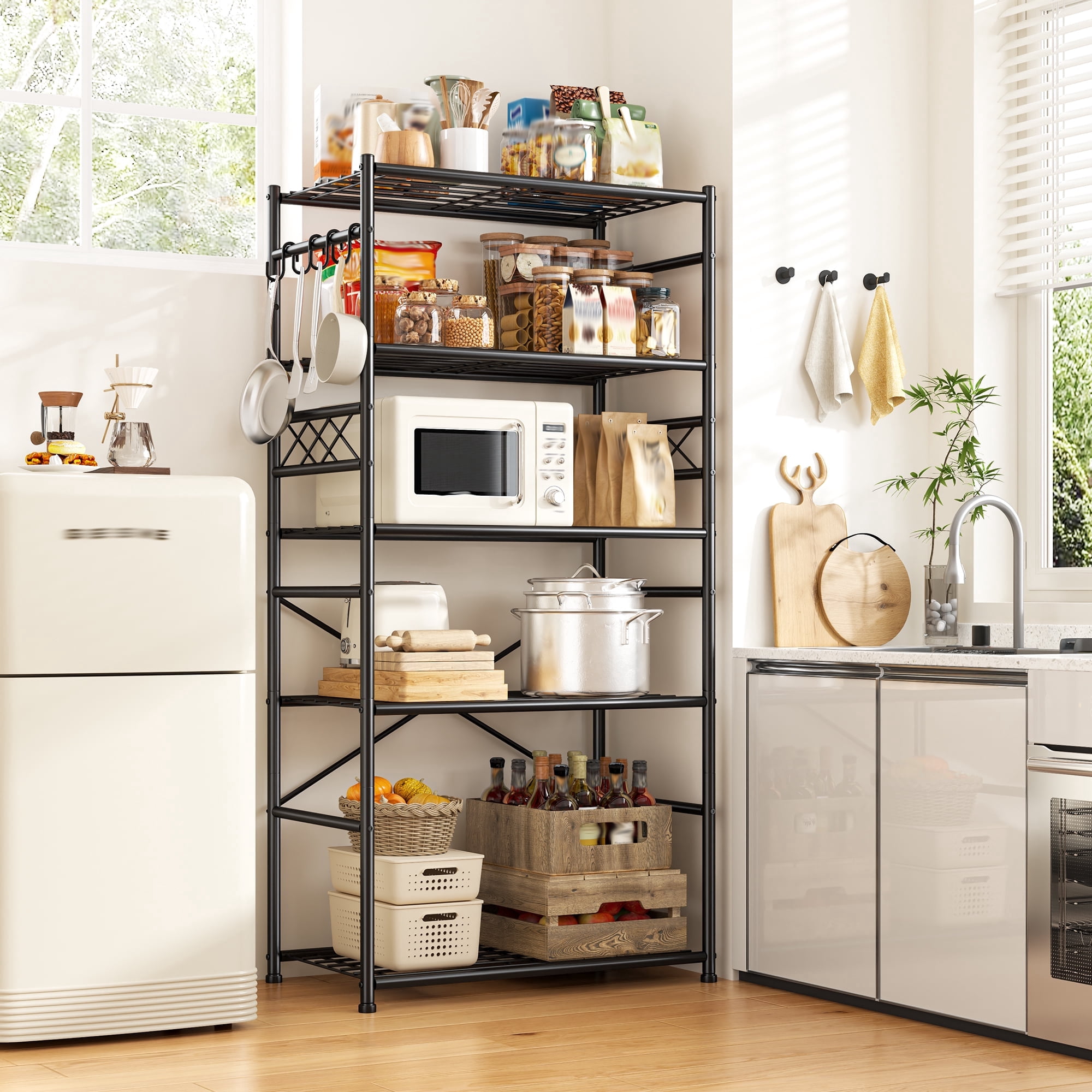 5-Tier Metal Storage Shelving Unit with Hooks, 23.6" W x 13.8" D x 72.4
