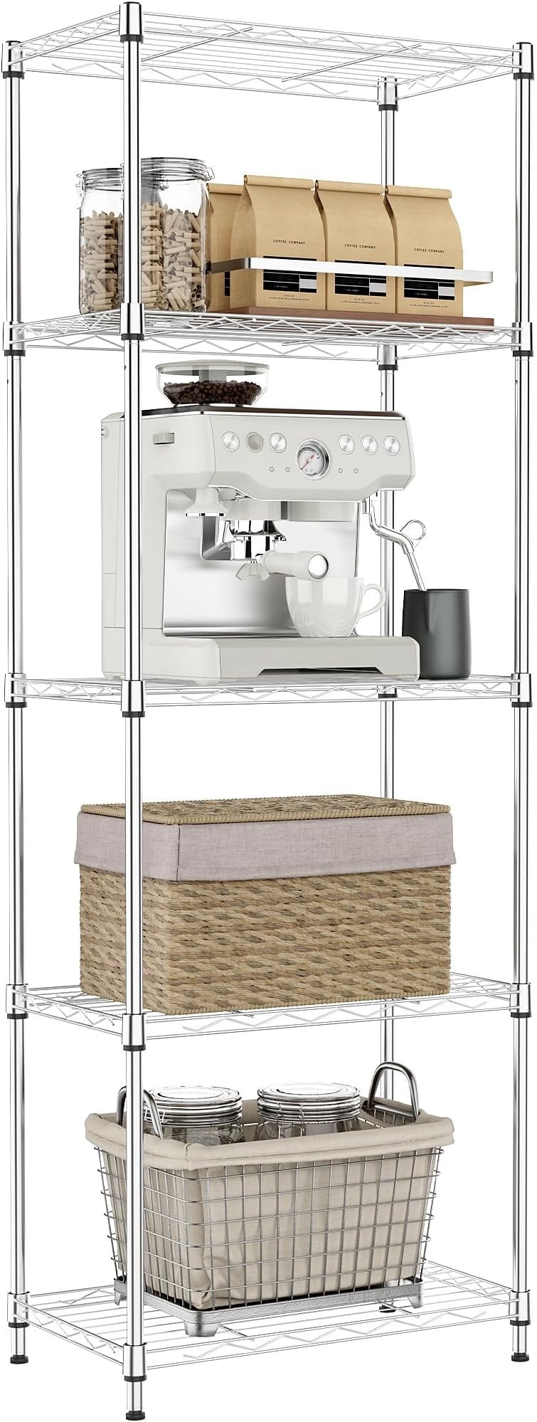 5 Tier Metal Wire Shelf Unit, Chrome Storage Rack Organizer for Kitchen ...