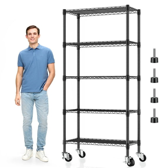 5 Tier Metal Wire Shelving with Wheels, Heavy Duty Adjustable Rolling Storage Shelves, 14"D x 30"W x 60"H 750 lbs Capacity Kitchen Pantry Garage Shelves for Small Spaces
