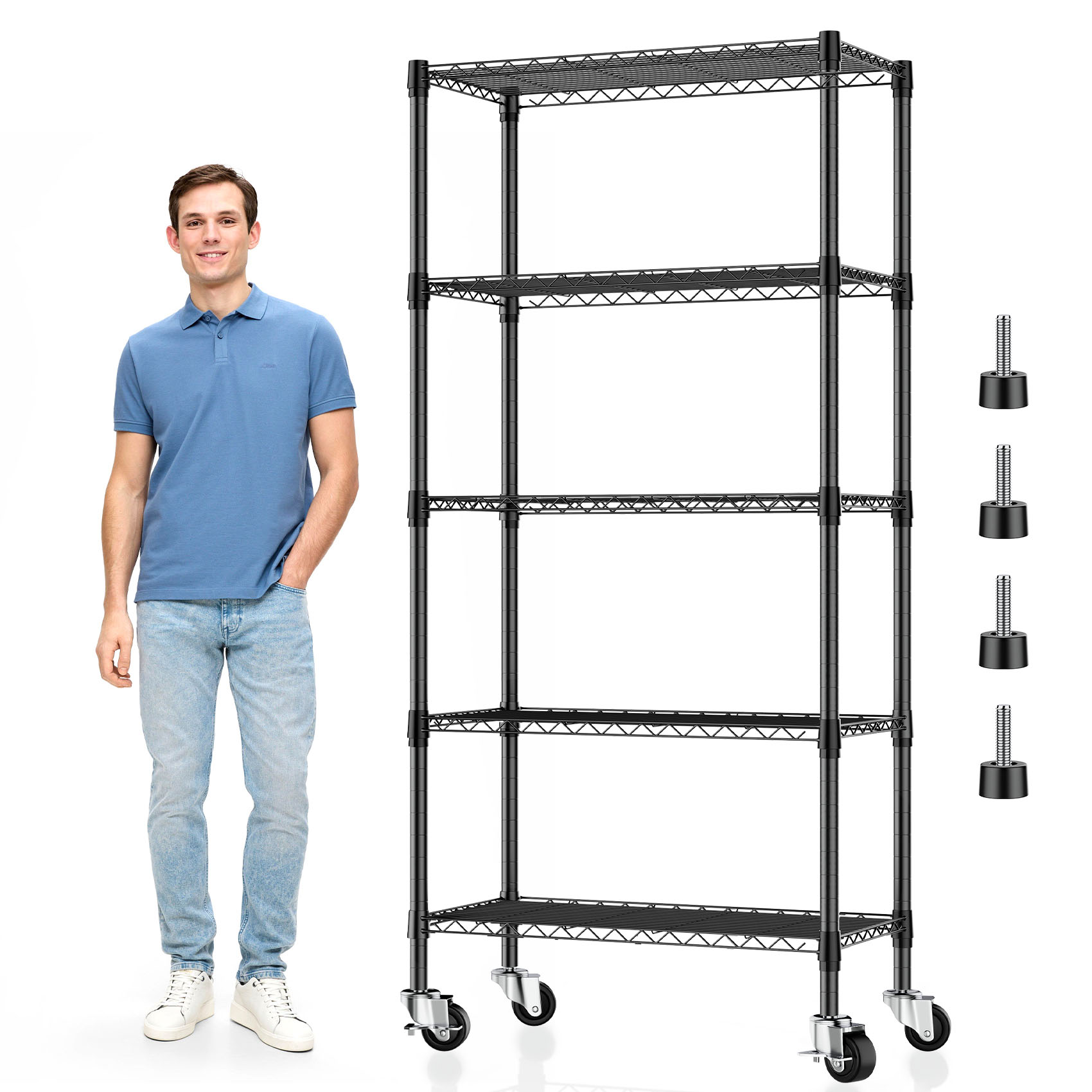 5 Tier Metal Wire Shelving with Wheels, Heavy Duty Adjustable Rolling