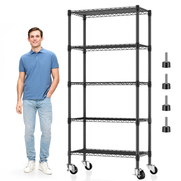 5 Tier Metal Wire Shelving with Wheels, Heavy Duty Adjustable Rolling Storage Shelves, 14"D x 30"W x 60"H 750 lbs Capacity Kitchen Pantry Garage Shelves for Small Spaces