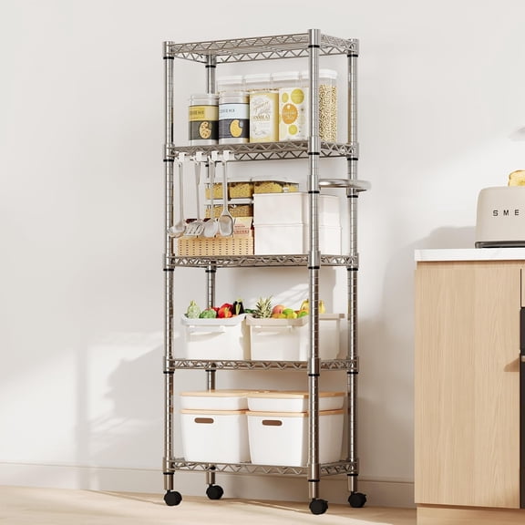 5-Tier Metal Wire Storage Rack with Lockable Wheels, Heavy Duty Shelving Unit Supports 1100 lbs, 61 Tall Rolling Organizer for Kitchen Garage or Bedroom