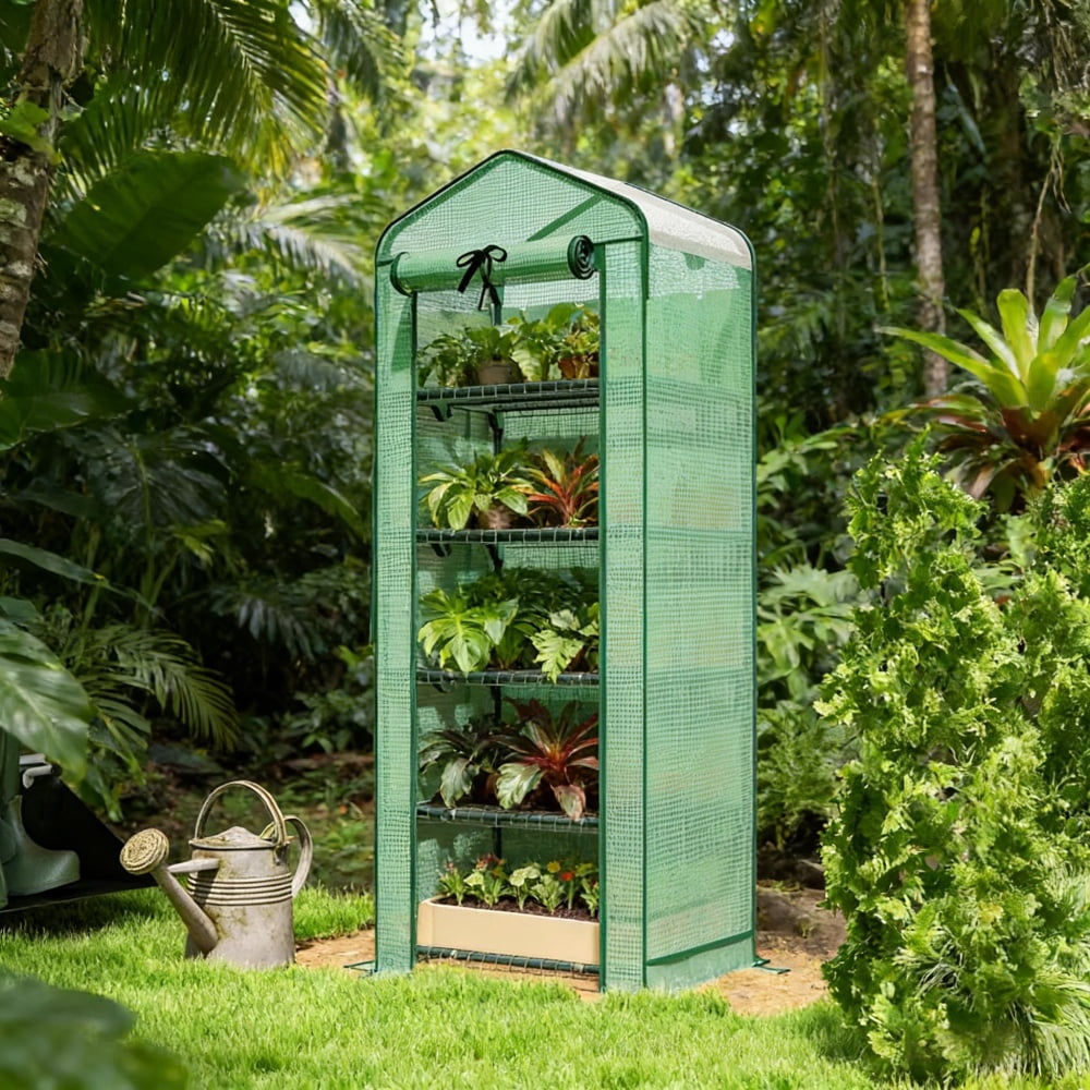 5-Tier Mini Greenhouse with Double Layer Roof, 140gsm PE Cover & Powder Coated Steel Frame, Easy Assembly, Indoor Outdoor Use for Patio Backyard Garden Plants, Green & Dark Green