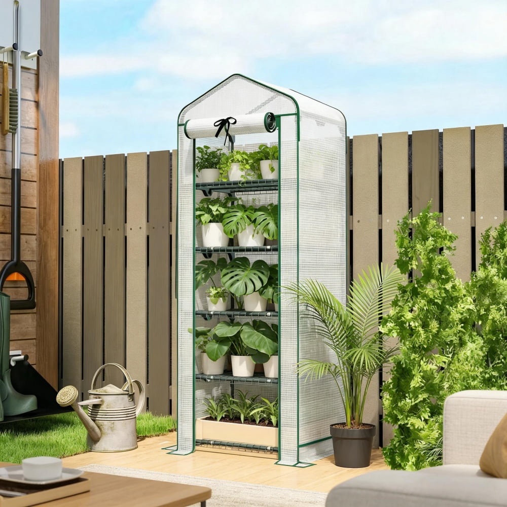5-Tier Mini Greenhouse with Double Layer Roof, 140gsm PE Cover, Powder Coated Steel Frame, Portable Indoor Outdoor Green House for Patio Backyard Garden Plants Growing, White Dark Green