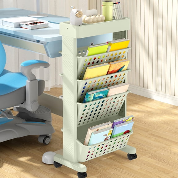 5-Tier Mobile Book Shelf Multi-Functional Rolling Utility Storage Cart, Movable File Folder Organizer Cart with Lockable Wheels for Study, Classroom, Office, Dorm, Nursery