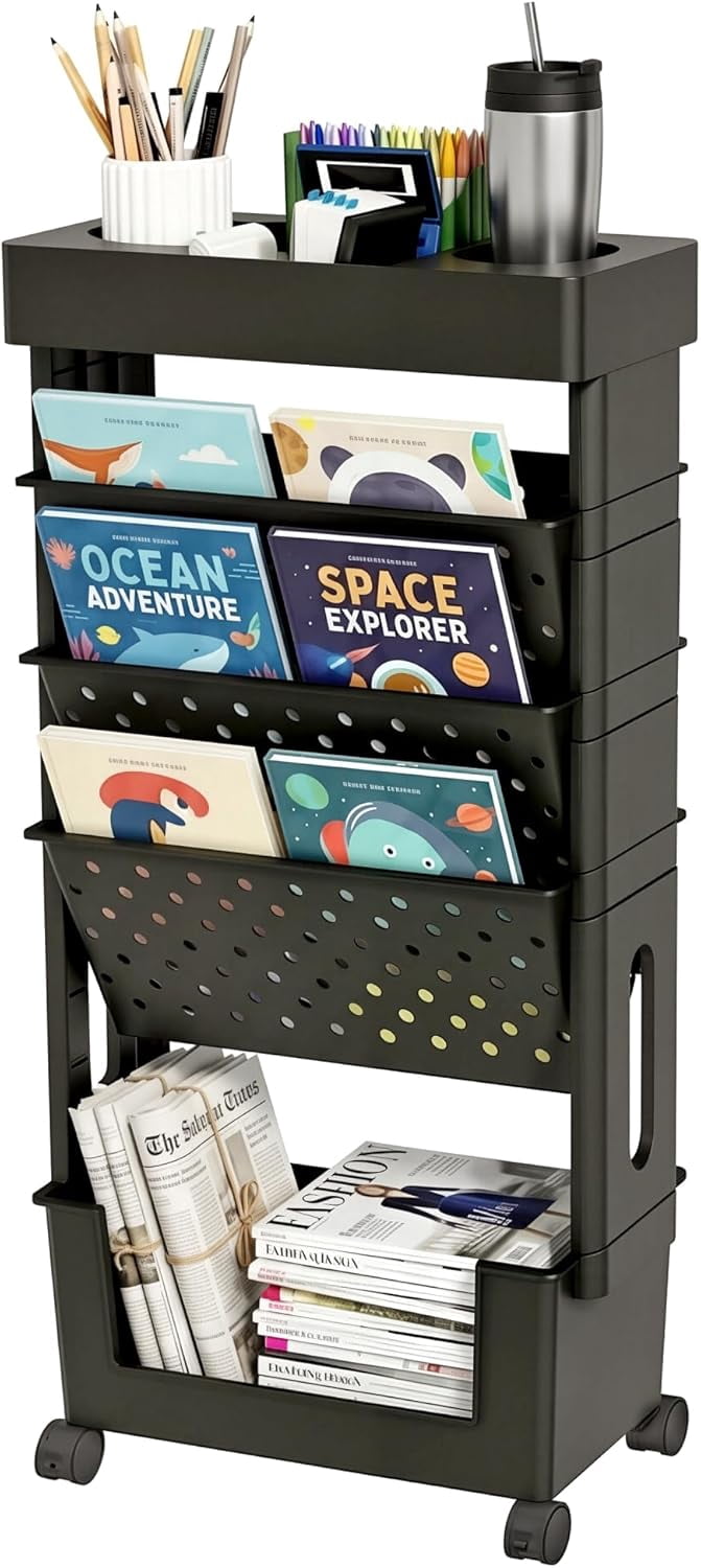 5-Tier Mobile Bookshelf, Rolling Bookcase Book Storage Rack, Movable ...