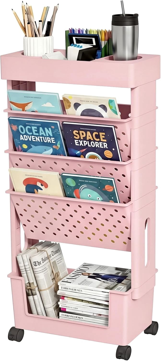 5-Tier Mobile Bookshelf, Rolling Bookcase Book Storage Rack, Movable ...