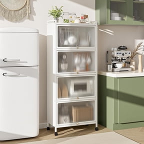 5-Tier Mobile Kitchen Storage Cabinet, Flip Door Cabinets, Bread Rack, Coffee Stand, Bakers Rack with 4 Lockable Casters for Dining Room, Living Room (White)