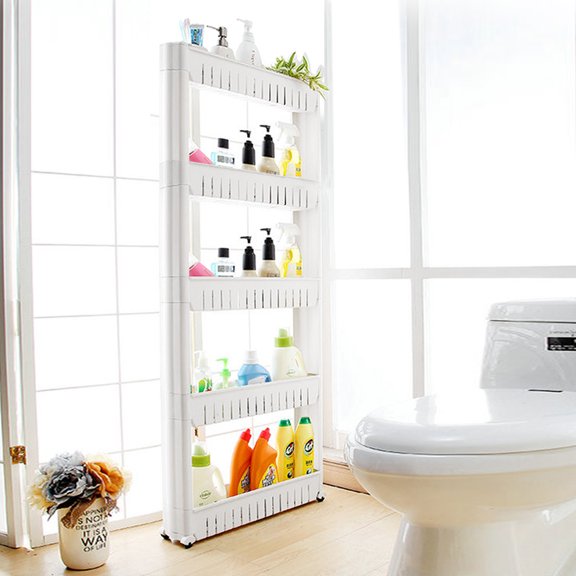 5 Tier Mobile Shelving Unit Organizer Slide Out Storage Tower Slim Storage Tower Rack with Wheels Pull Out Pantry Shelves Cart for Kitchen Bath Room Narrow Spaces-White