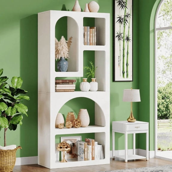 5-Tier Modern Arched Bookshelf - White, Geometric Irregular Shelves, High-Quality MDF, for Living Room/Bedroom/Study