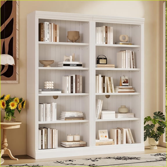 5-Tier Modern Bookcase Suite with Adjustable Shelves, LED Light Strip | Solid Wood+MDF | Beige + Cream Yellow