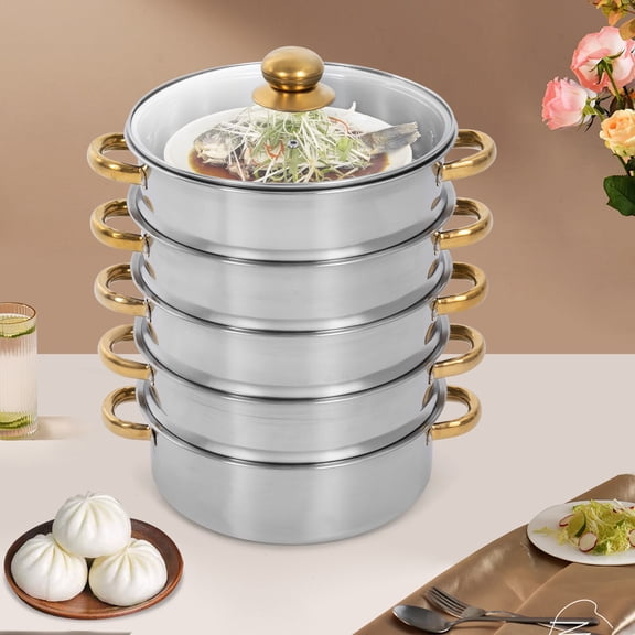 5-Tier Modern Free Standing Round Gold Silver Steamer Cooking Stainless Steel Steamer Pots 10.24*16.54