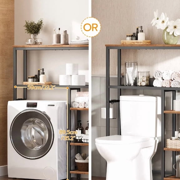 5-Tier Modern Industrial Over The Toilet Storage Shelf with Toilet Paper Holder - Heavy-Duty Metal & Wood -Standing Bathroom Organizer, Space-Saving 5-Shelf Unit for Small Bathrooms