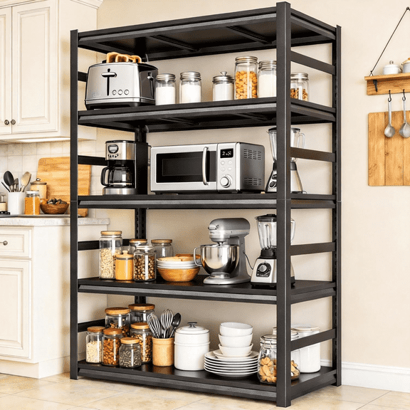 5-Tier Modern Metal Book Shelf with Fences,72"Hx36"Wx16"D Heavy Duty Black Bookshelf,Bolt-Free Deep Bookcase for CDs Movies Garage Kit,Adjustable Bookshelf in Living Room,Bedroom,Kitchen,Office
