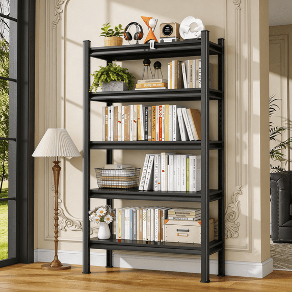 5-Tier Modern Metal Book Shelf,Heavy Duty Black Bookshelf,Bolt-Free Deep Bookcase for CDs Movies Garage Kit,Adjustable Bookshelf in Living Room,Bedroom,Kitchen,Office,78"Hx36"Wx12"D
