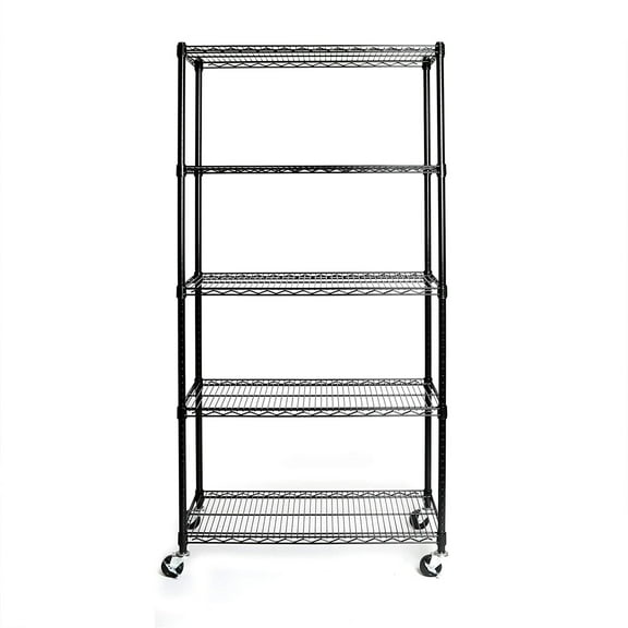 5-Tier NSF-Certified Commercial Steel Wire Shelving with Wheels | Heavy-Duty 800 lb/Shelf Capacity | Adjustable Black Storage Rack for Kitchen, Garage, or Office