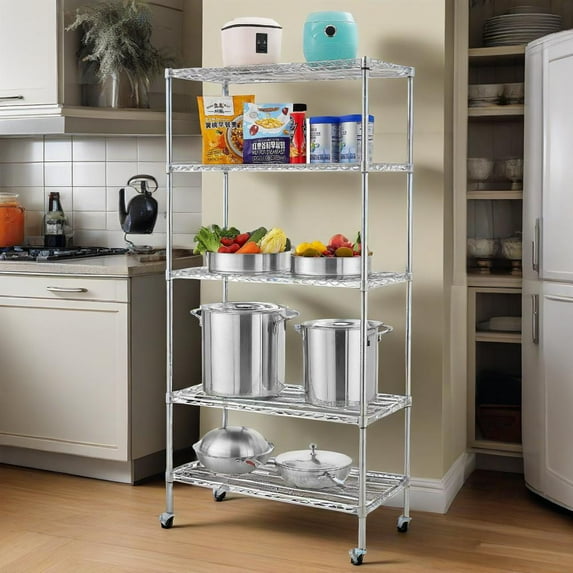 5-Tier NSF-Certified Heavy-Duty Steel Wire Shelving Unit with Wheels, Adjustable Chrome Storage Rack for Garage, Kitchen, Pantry, Commercial Use, 36"x18"x71"