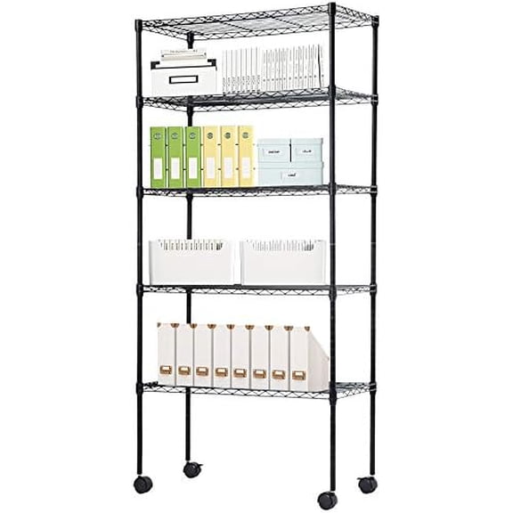 5-Tier NSF-Certified Steel Wire Shelving with Wheels, Height Adjustable Metal Rolling Storage Space Saver Multipurpose Shelves, Commercial Grade Display Rack for Kitchen Bathroom Office
