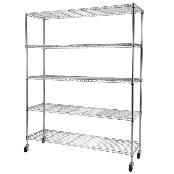 5-Tier NSF Heavy Duty Adjustable Storage Metal Rack with Wheels & Shelf Liners Ideal for Garage, Kitchen, and More - Chrome