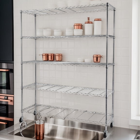 5-Tier NSF Heavy Duty Chrome Metal Storage Rack with Wheels & Shelf Liners, Adjustable Organizer for Garage & Kitchen