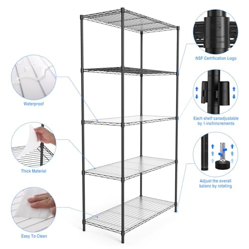 5 Tier NSF Storage Rack, 1750lbs Capacity Heavy Duty, Metal Wire ...