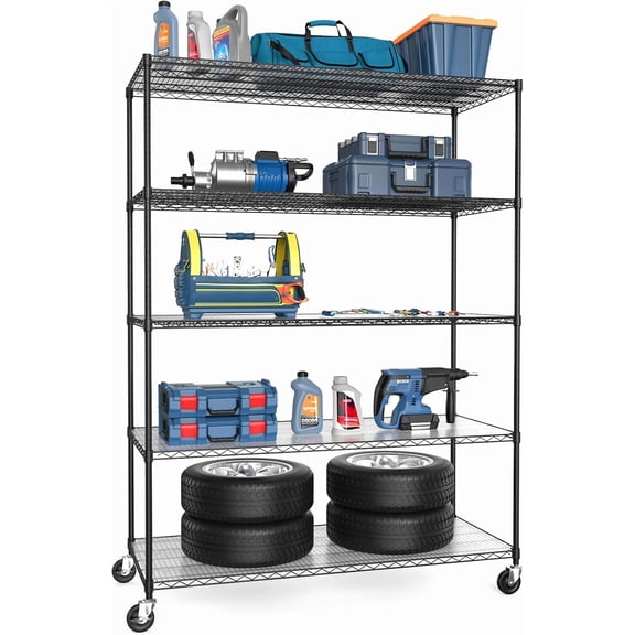 5 Tier NSF Wire Shelf Shelving Unit, 24 x 60 x 82 Inch 7500lbs Capacity Heavy Duty Adjustable Storage Metal Rack with Wheels/Leveling Feet & Shelf Liners, Ideal for Garage, Kitchen, and More - Black