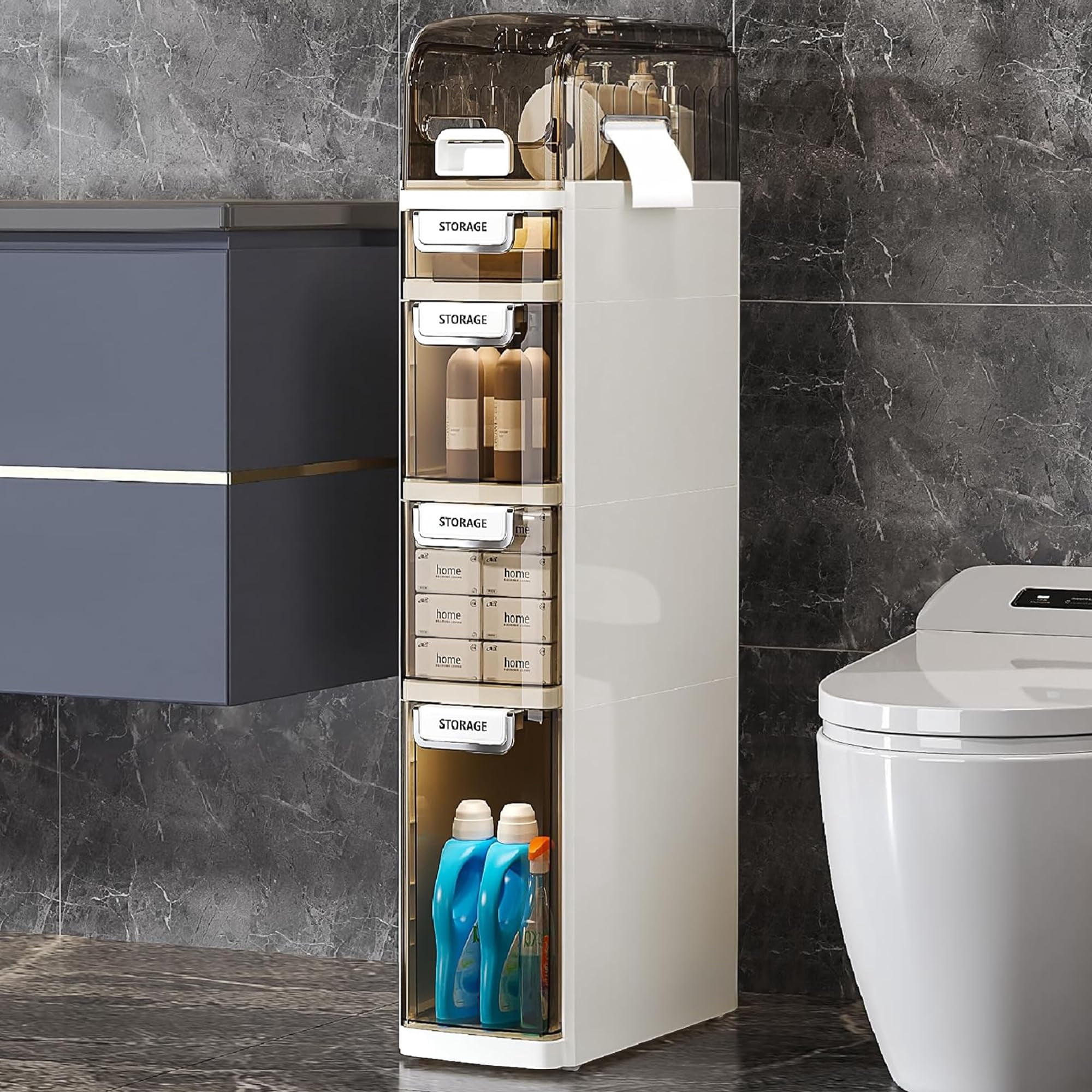 5-Tier Narrow Beside Toilet Storage Cabinet, Plastic Bathroom ...