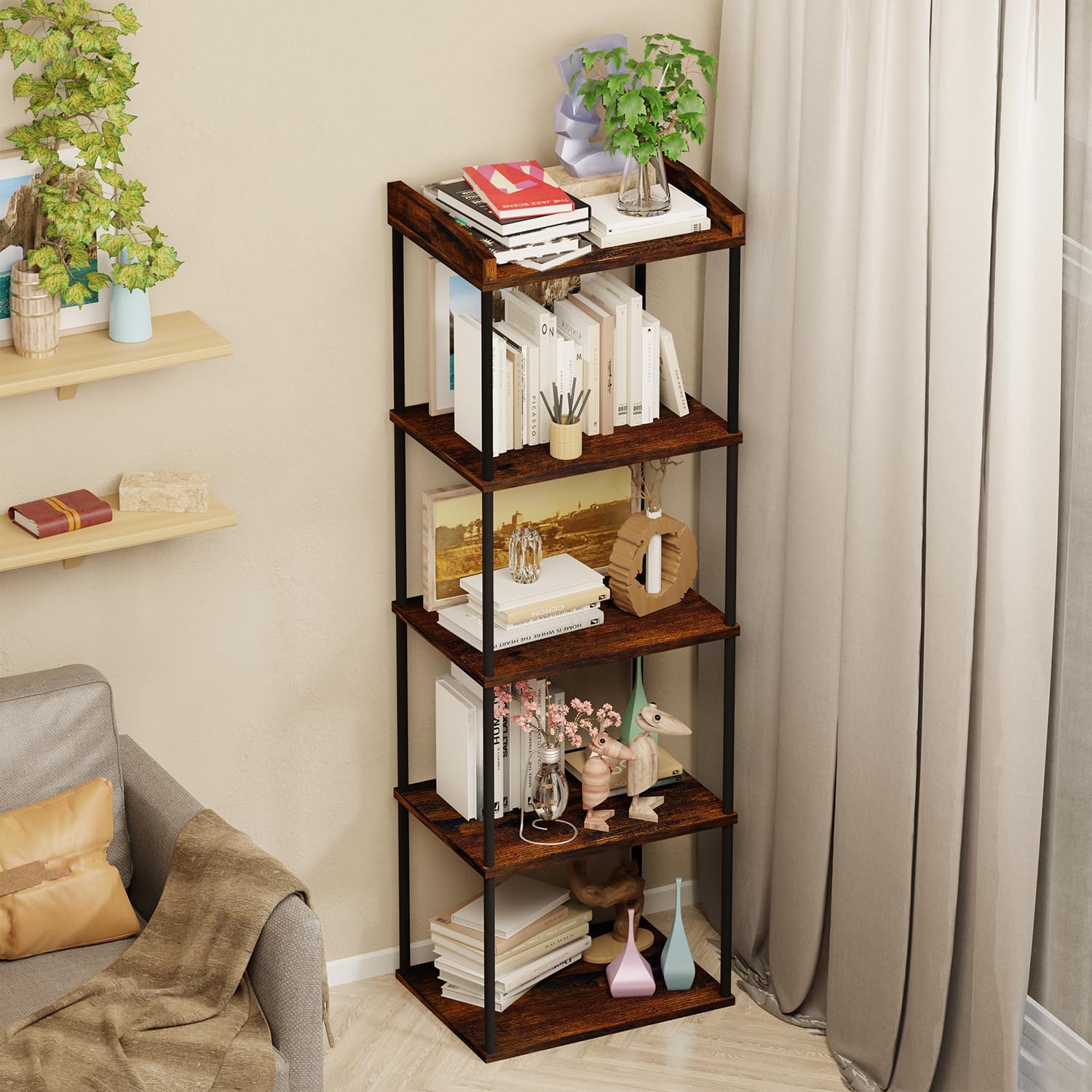 5-Tier Narrow Book Shelf, Tall Industrial Wood Bookcase, Vintage ...