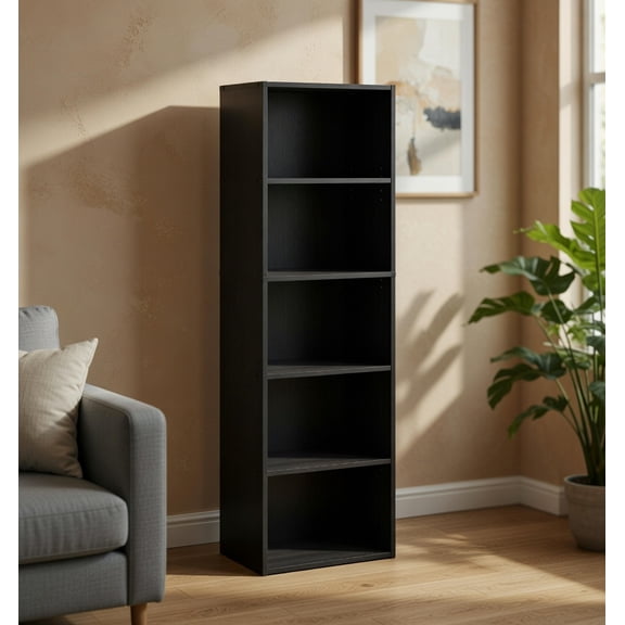 5-Tier Narrow Bookshelf with Fabric Storage Bin, Tall Slim Black Bookcase for Small Spaces – 52 Inch Height