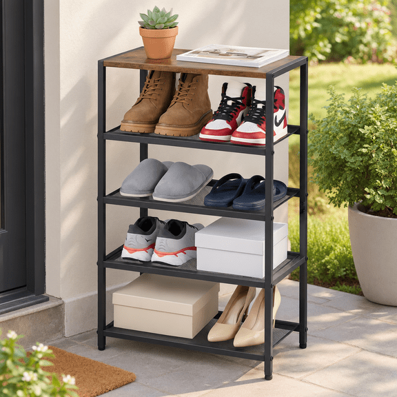 5 Tier Narrow Shoe Rack with Wood Top, Metal Shoe Organizer