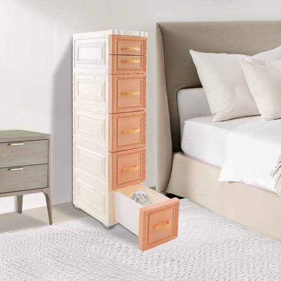 5-Tier Narrow Storage Cabinet on Wheels, 6 Drawers Slim Rolling Organizer Cart with Movable Wheels, Mobile Storage Unit for Small Space Bathroom Kitchen (Khaki)
