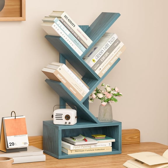 5 Tier Narrow Tree Bookshelf, Desktop Bookshelf Floor Standing Bookcase Display for CDs/Magazine/Books, Book Organizer Shelves for Office, Blue