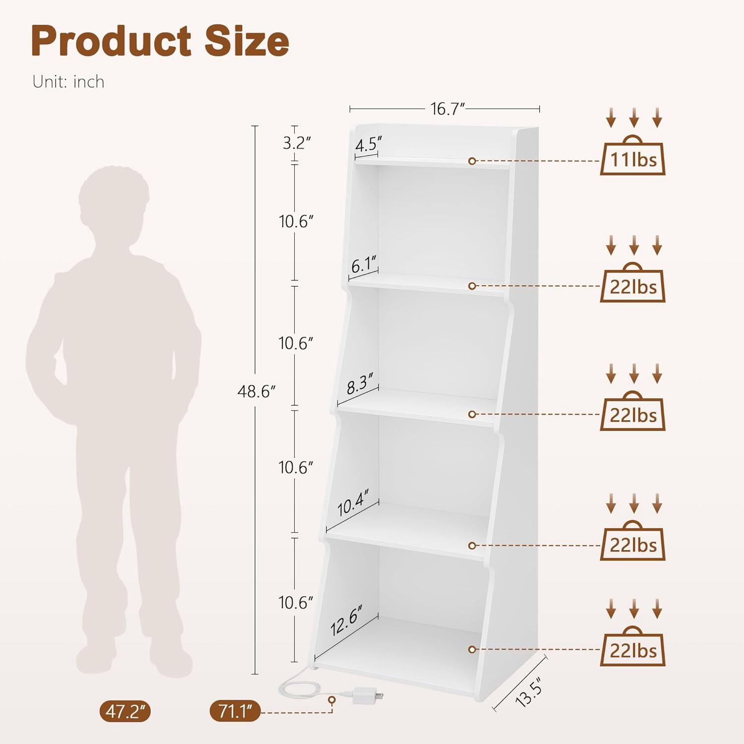 5-Tier Open Bookcase and Bookshelf with LED Light, Floor Standing ...