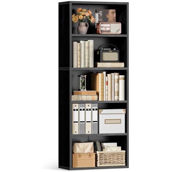 5-Tier Open Bookshelf and Bookcase, Floor Standing Display Storage Shelves for Living Room, Tall Book Shelf for Bedroom, Home Office, Dining Room, Black