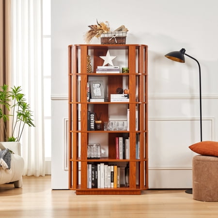 5-Tier Open Bookshelf, Oval Wooden MDF Grid Bookcase - Freestanding Display Rack