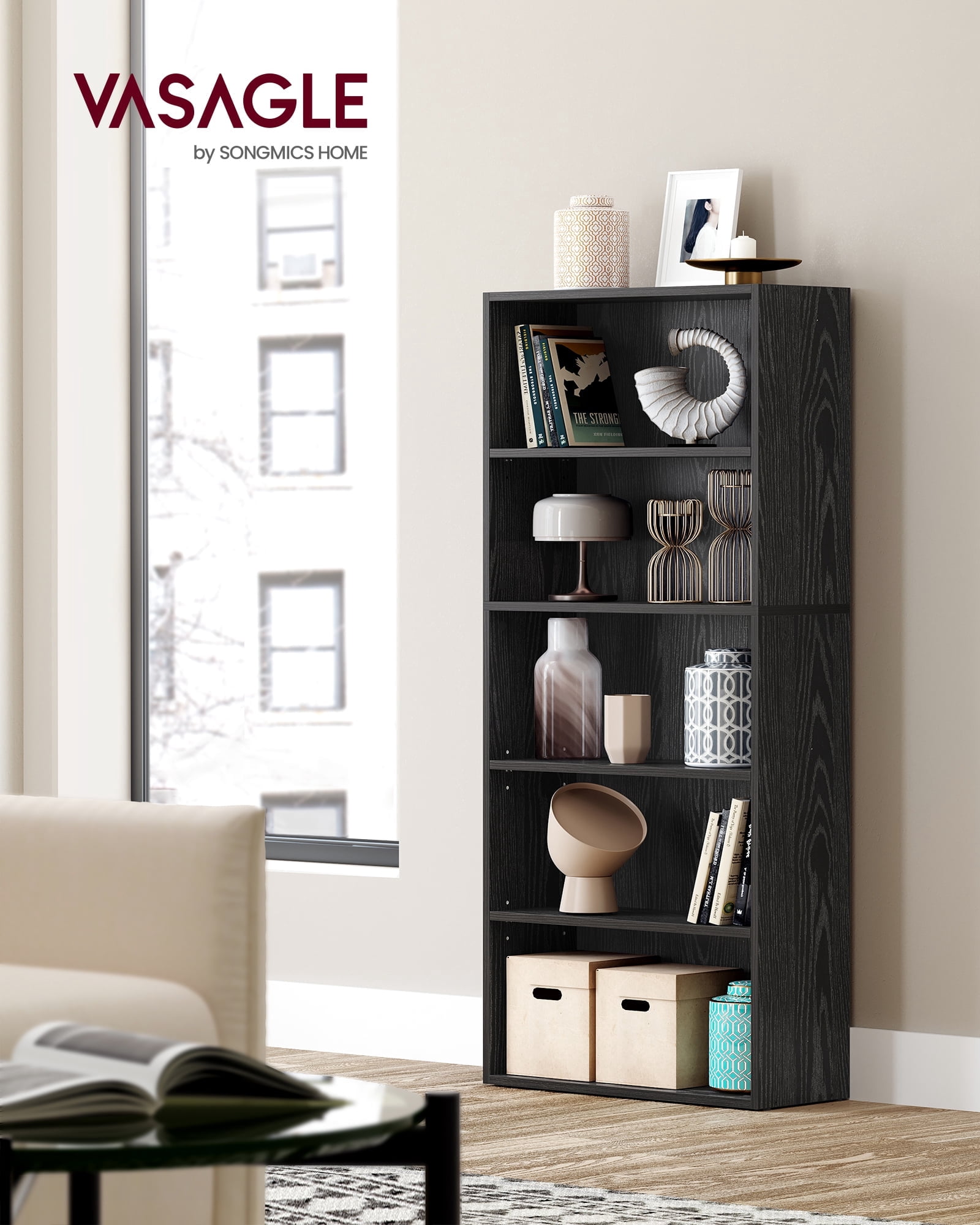 5 Tier Open Modern Standard Bookcase, Particleboard Black, 52.7"