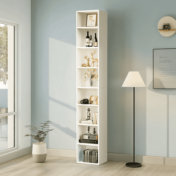 8-Tier Open Shelf Bookcase Wood Open Display Bookshelf with Adjustable Shelves, Tall Narrow Bookcase with Slim Storage Modern Media Tower Rack, White