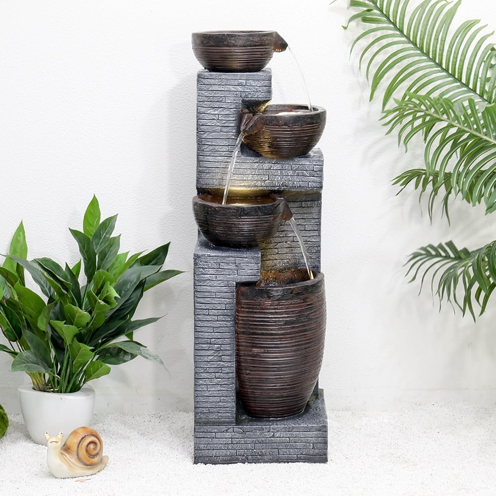 Tall Gray Resin and Fiberglass 5-Tier Outdoor Fountain with LED Lights